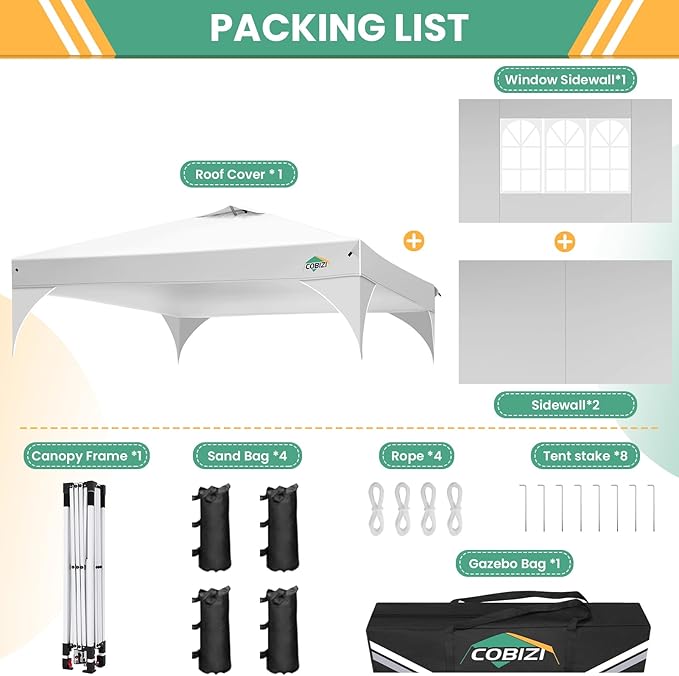 COBIZI 10x10 Pop up Canopy, Canopy Tent 10x10 with 3 Sidewalls, 1 Person Easy Set up, Tents for Parties, Outdoor Tent with Fluorescent Strip & 4 Sandbags, Waterproof, 3 Adjustable Height (White)