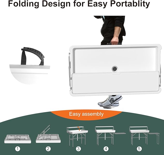 Two Tier Ice Cooler Table with Led Light, 4 Foot Outdoor Ice Table with Foldable Extension Stand, Matching Skirt & Drain Hose, Folding Cooler Server with Metal Shelf for Party, BBQ, Camping