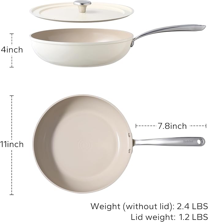 Redchef Ceramic Deep Saute Pan with Lid, Large Jumbo Cooker 3.5QT, 11" Frying Pan Nonstick with Stay Cool Handle, Non Toxic Cooking Skillet, Kitchen, Induction Dishwasher Safe, PFOA & PFAS Free(Beige)