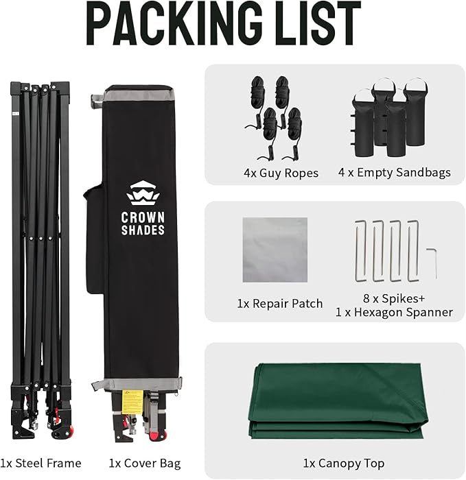 CROWN SHADES 10x10 Pop Up Canopy - Patented Center Lock One Push Instant Outdoor Canopy Beach Tent with STO-N-Go Bag 8 Stakes & 4 Sand Bags,Forest Green