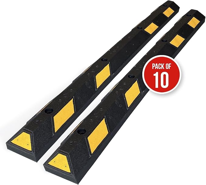 SmartSign Rubber Parking Curb, (Pack of 10) Heavy Duty Parking Stops with Yellow Reflective Stripe Chevrons, 72" Long (6ft), Wheel Stops for Parking Lots/Garage/Cars/Trucks, Pre-Drilled Holes