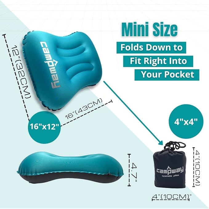 Inflatable Camping and Travel Pillows with Travel Bag- Water-Resistant-Compressible Air Pillow for Neck and Back Support-Packable Pillow for Camping-Hiking and Backpacking-Pack of 1-Cool Blue