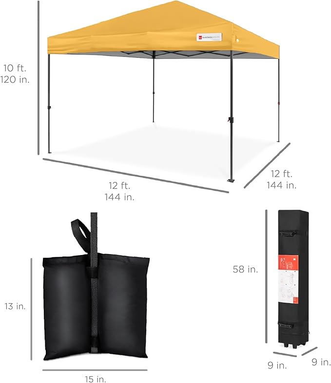 Best Choice Products 12x12ft Pop Up Canopy Tent, Outdoor Shade, 1 Person 1 Minute Set Up, Carry Case, 4 Weight Bags - Marigold