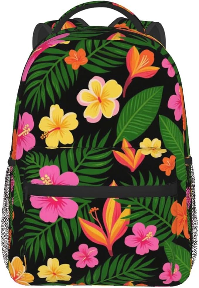 Women Men Polyester Hawaiian Colorful Flower Casual Daypack Large Capacity Bookbag With Side Pockets for Sports Picnic Walking Cycling