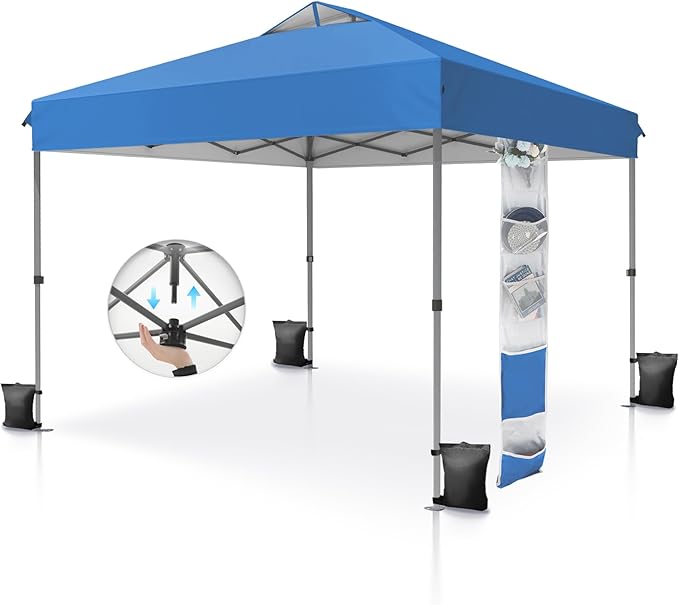 PHI VILLA 10’ x10’ Pop Up Canopy Tent - One Push Setup, Instant Shade Tent with Vented Roof for Beach & Events - Includes Storage Bag, Sandbags, Stakes & Ropes (Blue)