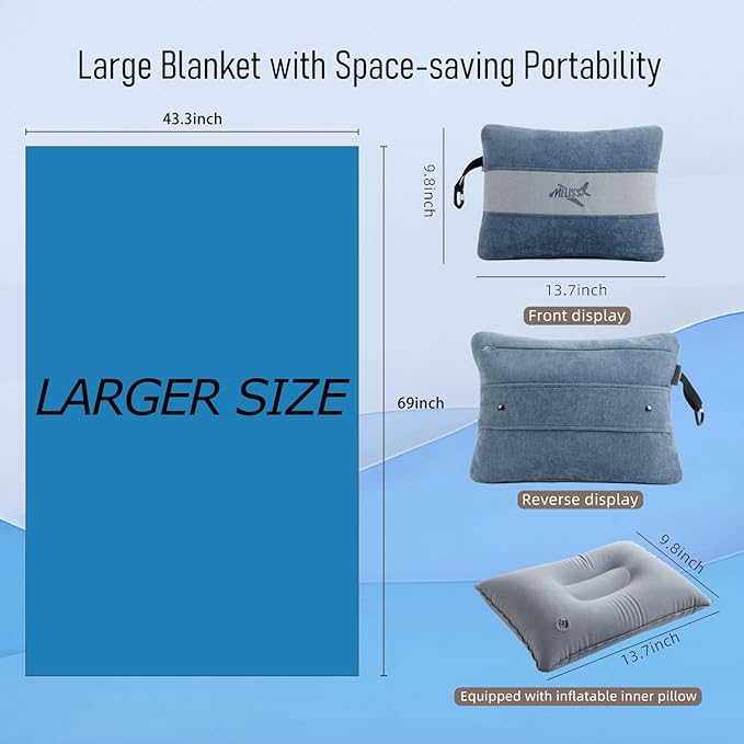 Melissa Large Travel Blanket and Inflatable Pillow Set - 69โ x 43.3โ โ Soft Blanket with Carry Bag โ Lightweight, Compact & Washable for Backpacking, Hiking, Airplane, Car, Office, Camping (Blue)