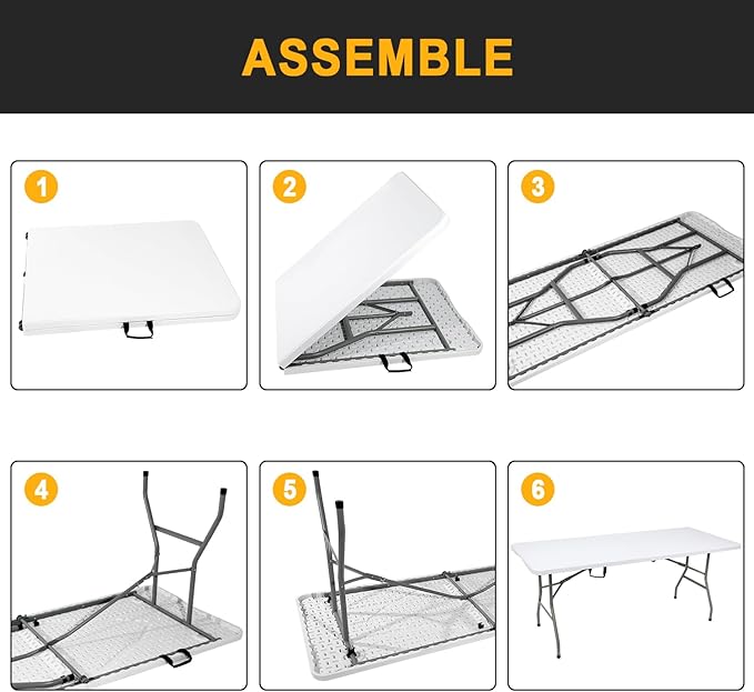 70.8" W X 29" D X 29" H - 6 ft Folding Table White Portable Heavy Duty Plastic Fold-in-Half Utility Foldable Table for Camp,Picnic & Party