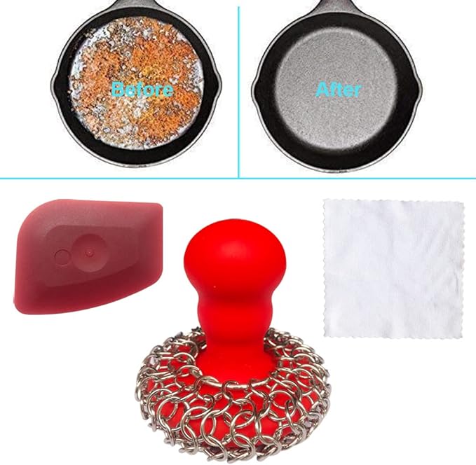 316 Upgraded Chainmail Scrubber with Silicone Handle Cast Iron Cleaner for Cast Iron Grill Pan Skillet Wok Bakeware Ergonomic to Hold Easy to Use Dishwasher Safe, Scrubber + Scraper + Towel (Red)