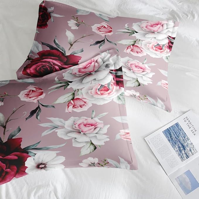 Comforter Set Queen Size, Rose Flower Leaves 7 Pcs Bedding for Kids and Adults, Painting Vintage Bed Sheet Sets with Fitted Sheet 2 Pillowcases & 2 Shams for Bedroom Bed Decor
