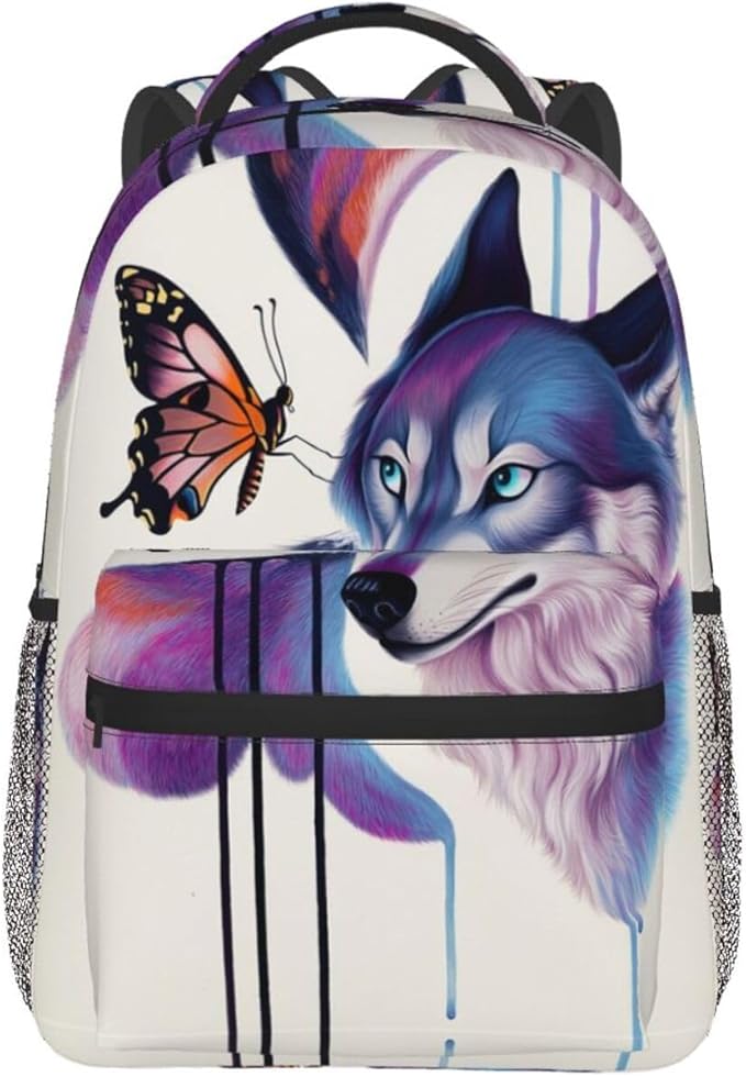 Rucksacks Multipurpose Anti-Theft Big Capacity Bookbag, Colorful Wolves And Butterflies Art Travel Hiking Camping Rucksack With Padded Straps