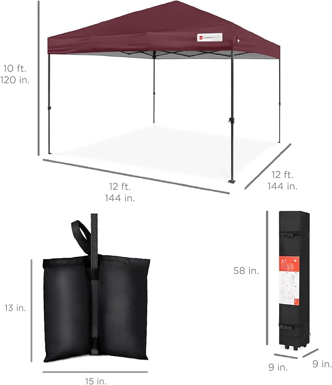 Best Choice Products 12x12ft Pop Up Canopy Tent, Outdoor Shade, 1 Person 1 Minute Set Up, Carry Case, 4 Weight Bags - Burgundy