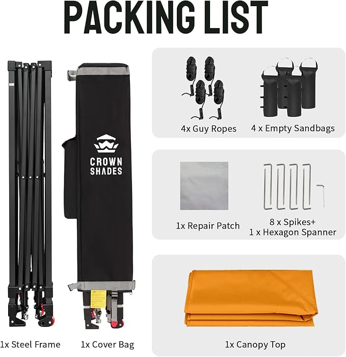 CROWN SHADES 10x10 Pop Up Canopy - Patented Center Lock One Push Instant Outdoor Canopy Beach Tent with STO-N-Go Bag 8 Stakes & 4 Sand Bags,Orange
