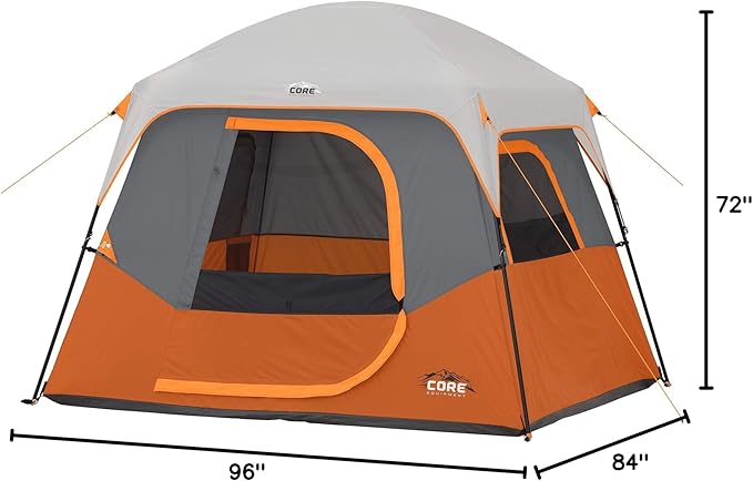 CORE Tent for Family Camping | 4 Person & 6 Person Portable Camp Tent with Carry Bag for Outdoor Car Camping | Included Gear Loft Organizer for Camp Accessories