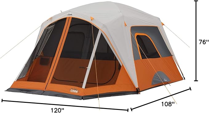 CORE Tent for Family Camping | 4 Person & 6 Person Portable Camp Tent with Carry Bag for Outdoor Car Camping | Included Gear Loft Organizer for Camp Accessories