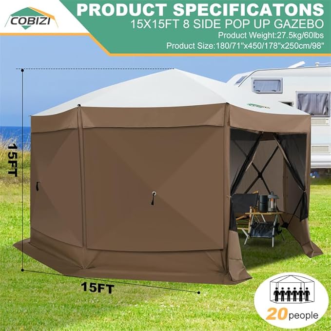 COBIZI 15x15 FT Pop Up Gazebo, Canopy Tent, Large Gazebos On Clearance with Sidewalls, Screened in Gazebo,carpas para Patio,Portable Screen Tents for 12-15 Persons Outdoor Camping, Backyard, Brown