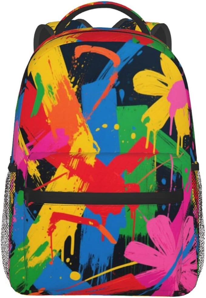 Men Women Polyester Paint Splatter Colorful Daypack Bookbag Big Capacity Shoulder Bag With Padded Straps for Climbing Travel Walking Cycling