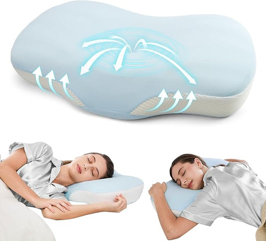Ergonomic Cervical Pillow, Contour Design for Side & Back Sleepers, Memory Foam Orthopedic Cervical Shape Gently Cradles Head & Provides Neck Support & Shoulder Pain Relief (Blue)