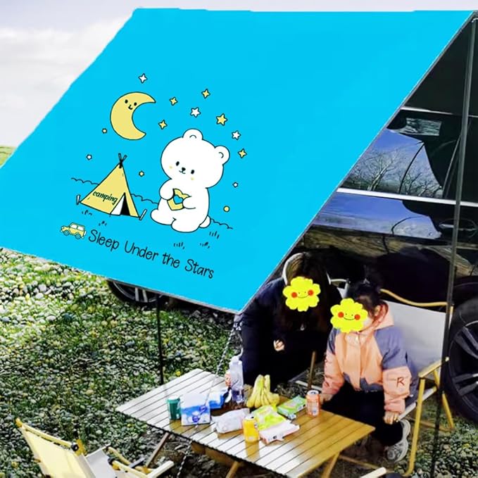 Blueshyhall Waterproof Camper Trailer Tent Roof Top Car Shelter, Awning Anti-Sun and Rainproof for Outdoor Camping Travel Picnic Fishing Beach, Cute White Bear Patten
