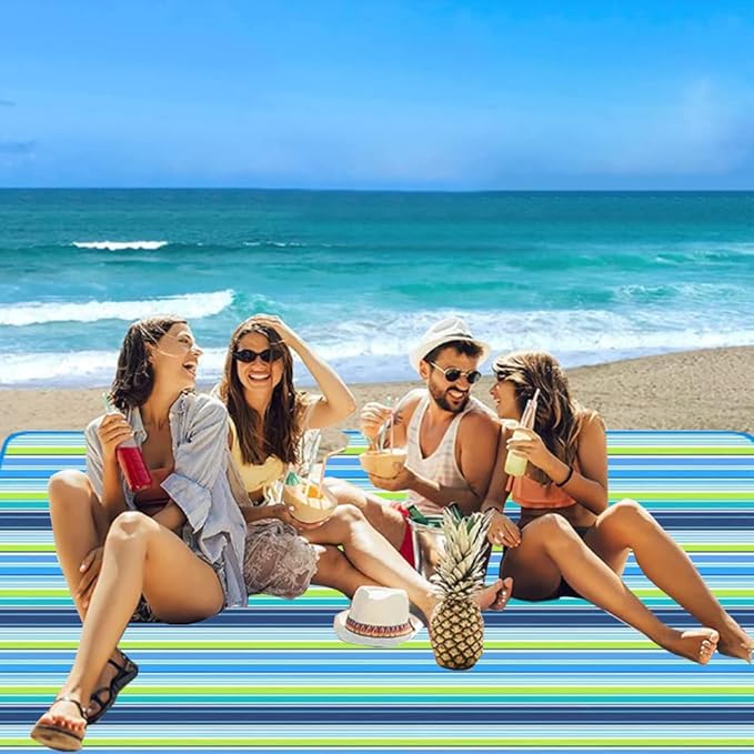 K Y KANGYUN Picnic Blanket | Beach Mat| Picnic Blankets for Indoor and Outdoor, 80" x 60" Sandproof Waterproof Larger Mats for Travel, Camping, Hiking, Park Grass, Handy Tote, Foldable (Blue Line)