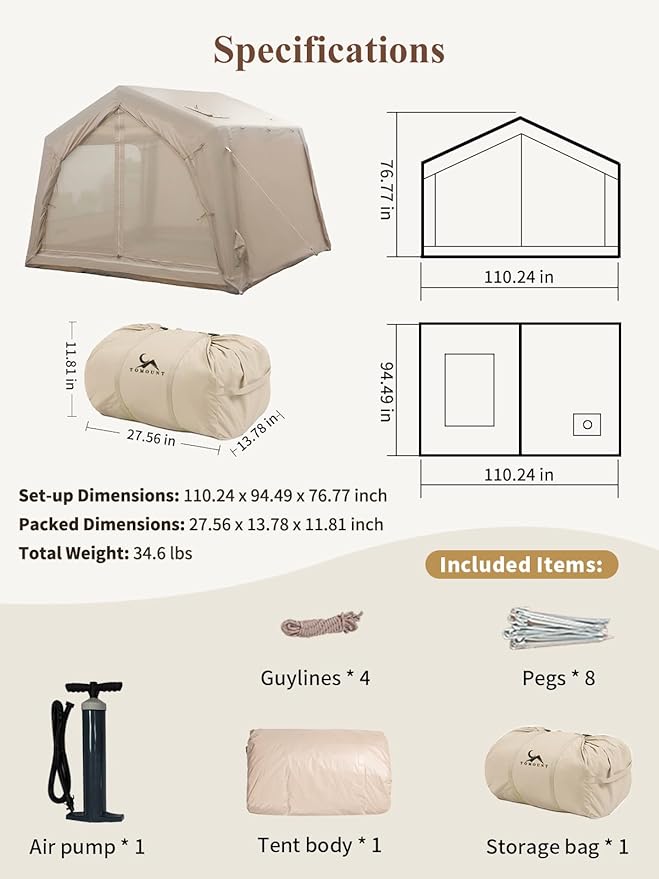 TOMOUNT Inflatable Camping Tents Air Glamping Tents 4 Season Waterproof Easy Set up Cabin House Tent Blow up Tent for Family Camping