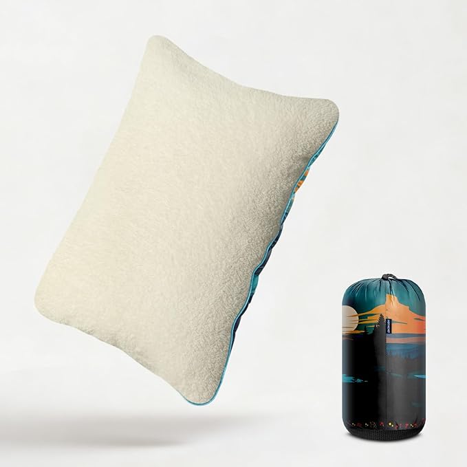 Camping Pillow, Sherpa Lining Travel Pillow Supportive Compressible Lightweight Camp Pillow with Storage Bag for Camping,Hiking,Backpacking,Airplane