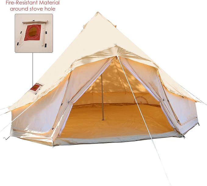 UNISTRENGH Luxury Outdoor Waterproof Four Season Family Camping and Winter Glamping Cotton Canvas Yurt Bell Tent with Roof Stove Jacket, Mosquito Screen Door and Windows