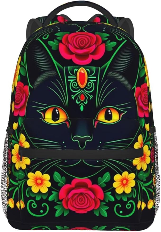 Backpack Anti-Theft Multipurpose Large Capacity Carry On Bag, Day Of The Dead Black Cat Red Floral Art Camping Outdoor Backpack With Side Pockets