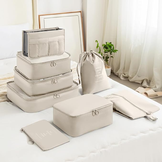 Packing Organizers for Travel, 8-Piece Luggage Packing Cubes Set with Multiple Sizes, Compressible Travel Packing Cubes for Business Trip, Family Vacation, Camping (Beige)