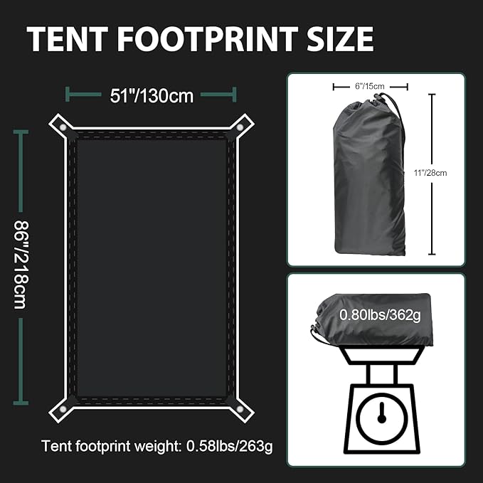 KRUI Tent Footprint, PU 2000 Waterproof Camping Tarp, Durable Tent Floor Saver for Hiking, Backpacking, Hammock, Beach and Picnic