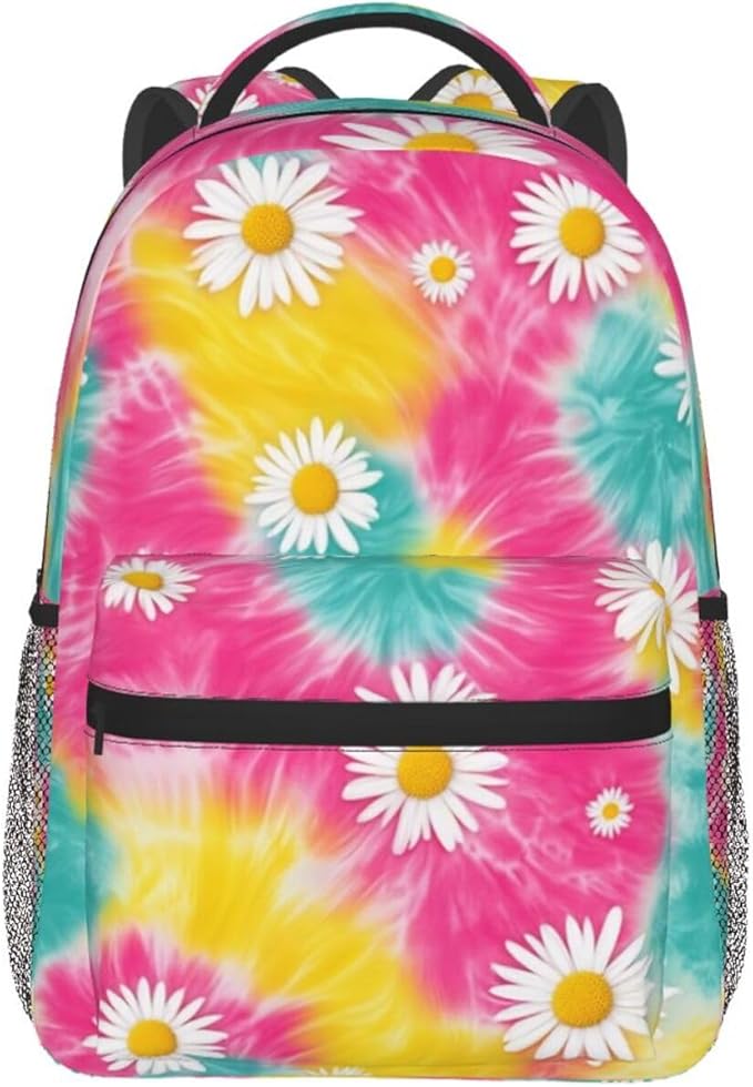 Men Women Polyester Daisy Flower Tie Dye Daypack Bookbag Big Capacity Shoulder Bag With Padded Straps for Climbing Travel Walking Cycling