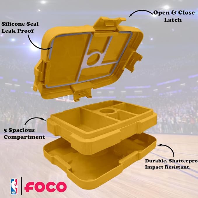 FOCO NBA Unisex-Adult Officially Licensed 2-Tone Big Logo Team Color Basketball Leak Proof 5 Compartment Bento Lunch Box - Los Angeles Lakers