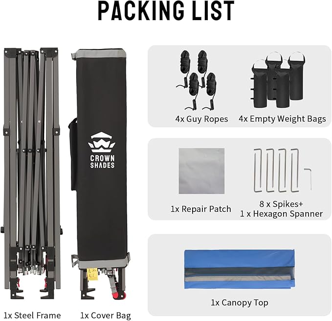 CROWN SHADES 10x10 Pop up Canopy Tent, Instant Commercial Canopy with Extend Awning, Patended Centerlock, 150D Silver Coated Fabric, 4 Ropes, 8 Stakes, 4 Weight Bags, STO 'N Go Bag, Blue
