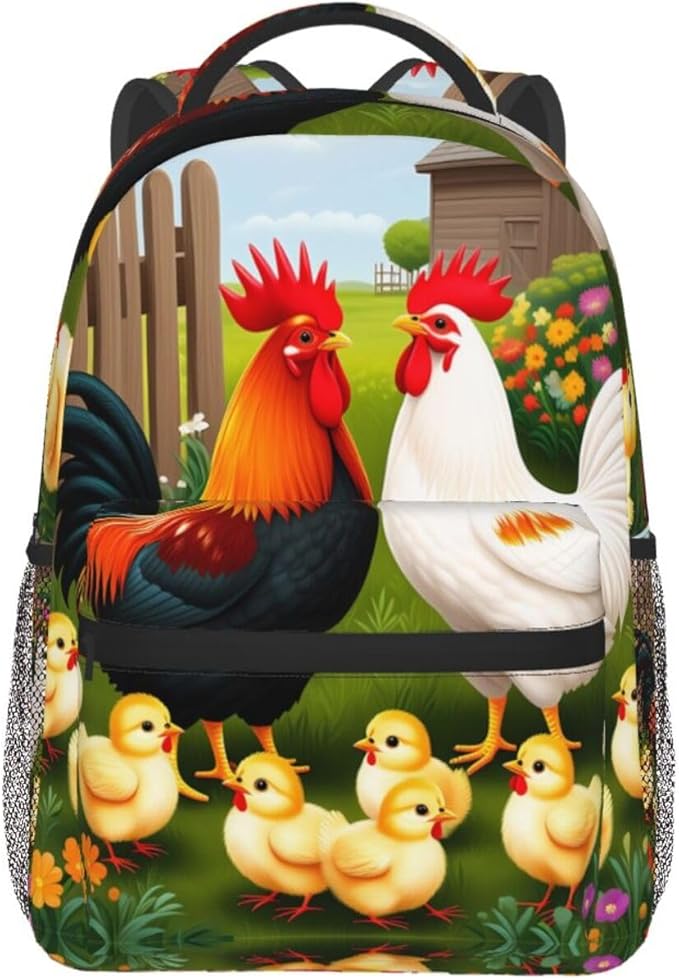 Lightweight Daypack Bookbag for Trekking Business Walking Cycling, Big Capacity Anti-Theft Multipurpose Carry On Bag, Chicken Rooster Garden Flowers Art Business Computer Bag