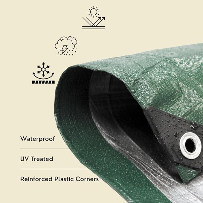 TARP SUPPLY Inc 9' x 12' Heavy Duty Green/Silver Poly Tarp with Aluminum Grommets and Reinforced Corners, Waterproof, UV Resistant 8 Mil Protective Cover for Camping, Construction, Outdoor Use