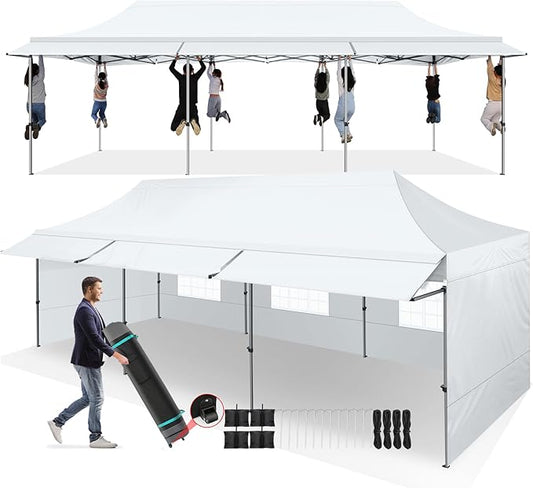 COBIZI 10x30 Pop Up Canopy Tent with Awning,Heavy Duty Canopy UPF 50+ All Season Wind Waterproof Commercial Outdoor Street Vendors Party Tents for Parties Canopy with Roller Bag(10 x 30 ft White)