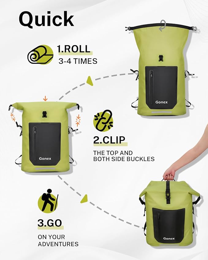 Gonex Ultralight Waterproof TPU Backpack, 35L Roll Top Dry Bag with Comfortable Padded Back Panel for Kayaking Boating Camping Fishing Travel,Green