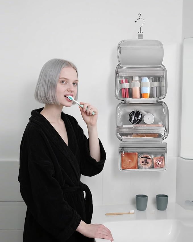 Toiletry Bag for Women & Men, Portable Hanging Makeup Bag/Cosmetic Bag with Compartments, Compact Travel Toiletry Bag Organizers (Grey)