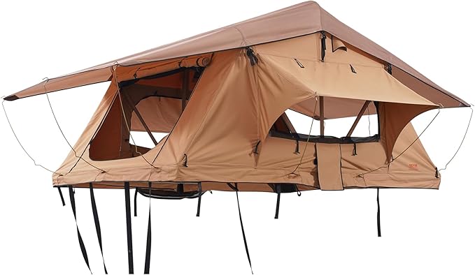VEVOR Rooftop Tent Hard Shell, 2-3 Person Aluminum Roof Top Tent Hardshell with Tri-Color LED Light, Thick Mattress & 1 Window, Waterproof Windproof Overland Camping Car Roof Rack for Jeep SUV Pickup