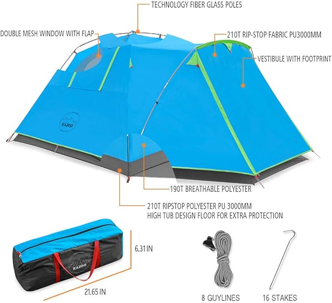 KAZOO 2/4 Person Camping Tent Outdoor Waterproof Family Large Tents 2/4 People Easy Setup Tent with Porch Double Layer | Outdoor, Waterproof, Family, Large, Tents, Easy Setup