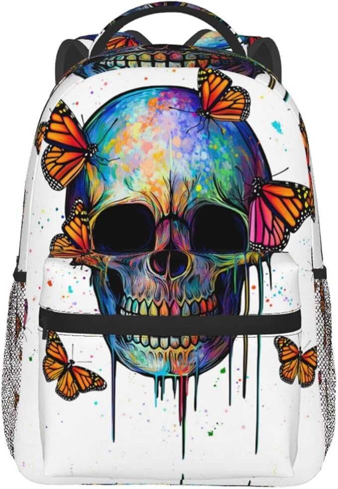 Rucksacks Multipurpose Anti-Theft Big Capacity Bookbag, Mexican Skulls Colorful Butterfly Art Travel Hiking Camping Rucksack With Padded Straps
