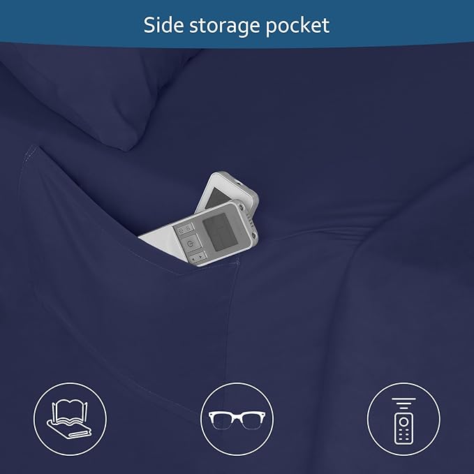 King Size Sheets Set for Air Mattress - Deep Pocket King Sheet Set - 3Pcs Side Storage Pocket Fitted Sheet & Pillowcases Easily Fits 16in to 24in Pillow Top Air Bed Mattress - Navy Blue
