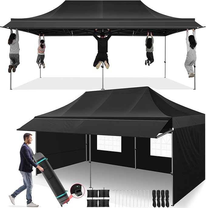 COBIZI 10x20 Pop Up Canopy Tent with Awning,Heavy Duty Canopy UPF 50+ All Season Wind Waterproof Commercial Outdoor Street Vendors Party Tents for Parties Canopy with Roller Bag(10 x 20 ft Black)