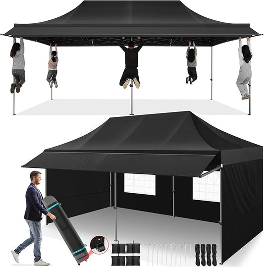 COBIZI 10x20 Pop Up Canopy Tent with Awning,Heavy Duty Canopy UPF 50+ All Season Wind Waterproof Commercial Outdoor Street Vendors Party Tents for Parties Canopy with Roller Bag(10 x 20 ft Black)