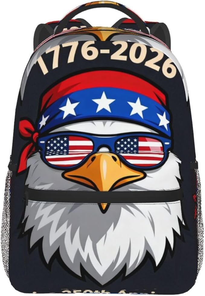 Men Women Polyester 250 Years 1776-2026 250th Birthday Eagle Liberty Art Backpack Large Capacity Bookbag With Smooth Zippers for Climbing Picnic Bicycle
