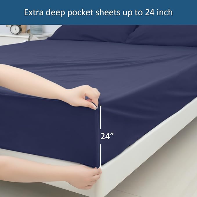 King Size Sheets Set for Air Mattress - Deep Pocket King Sheet Set - 3Pcs Side Storage Pocket Fitted Sheet & Pillowcases Easily Fits 16in to 24in Pillow Top Air Bed Mattress - Navy Blue