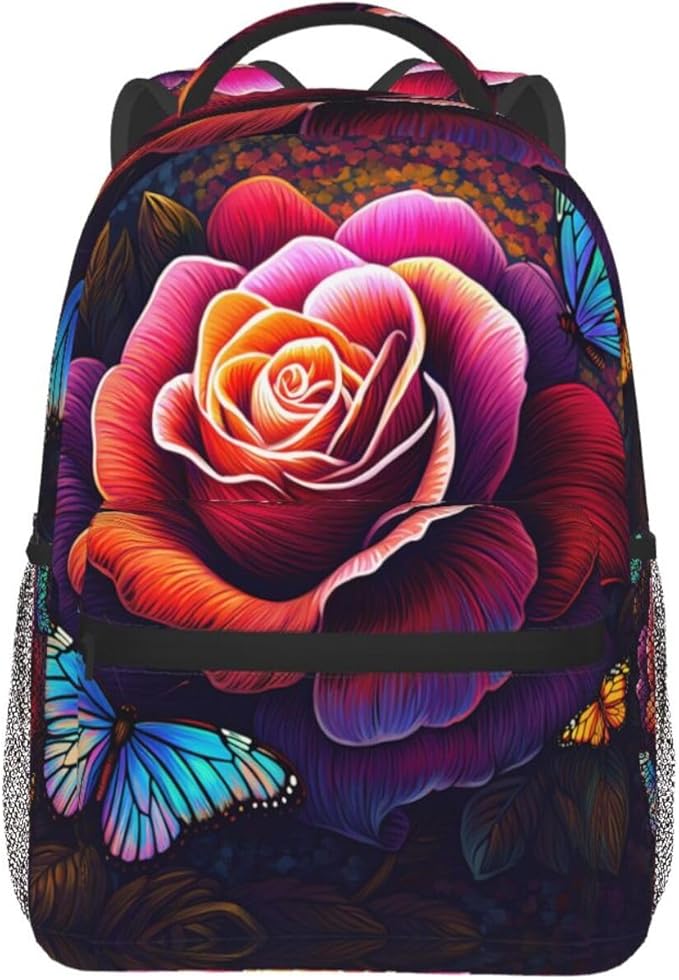 Men Women Polyester Trippy Tie Dye Rose Colorful Art Daypack Big Capacity Shoulder Bag With Adjustable Shoulder Straps for Camping Travel Walking Cycling