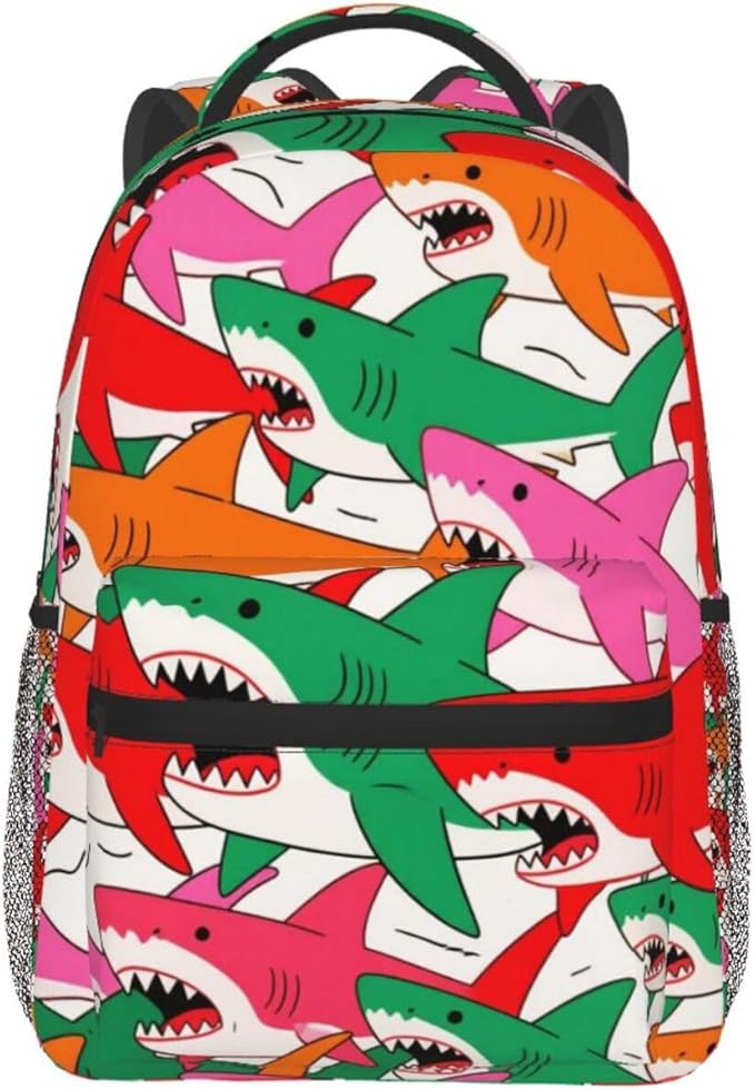 Men Women Polyester Colorful Shark Art Casual Daypack Large Capacity Carry On Bag With Adjustable Shoulder Straps for Camping Work Running