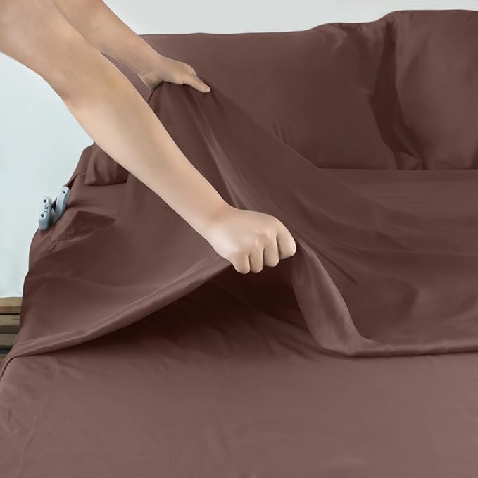 Air Mattress Queen Sheet Set - Deep Pocket 4 Piece Queen Size Sheet Set - Breathable & Fade Resistant Easy Fits 16in to 24in Pillow Top Bed Mattress - Brown