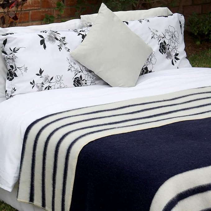 Thick Alpaca Wool Blanket Heavyweight for Camping Outdoors or Using Indoors | Soft Peruvian Alpaca Wool Blankets (Navy Blue/Ivory, Twin)