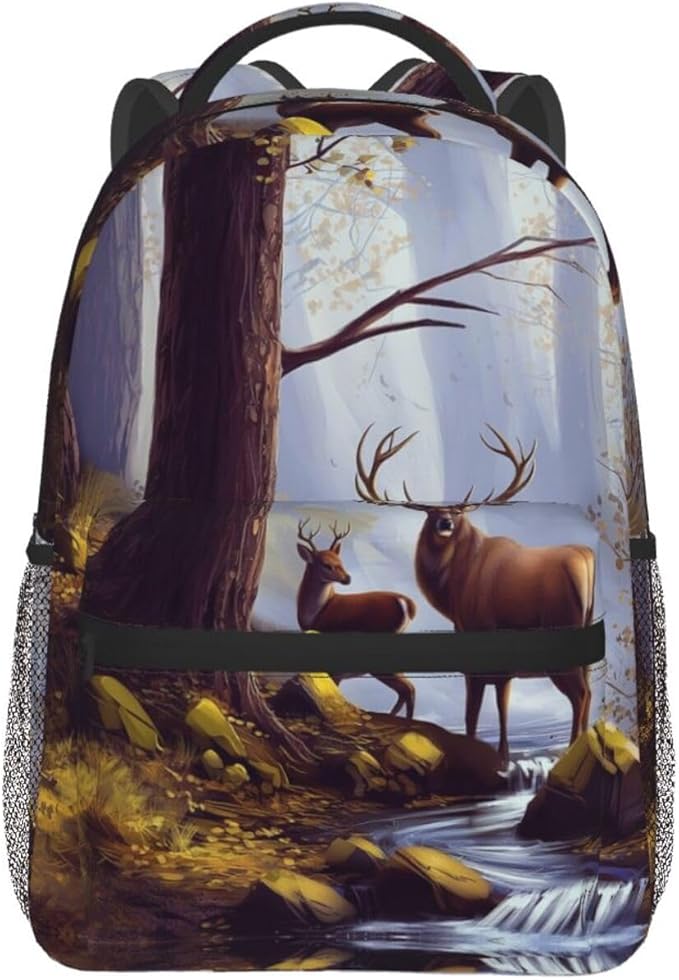 Daypack Anti-Theft Multipurpose Large Capacity Shoulder Bag, Tree Camouflage Deer Art Travel Hiking Camping Rucksack With Smooth Zippers